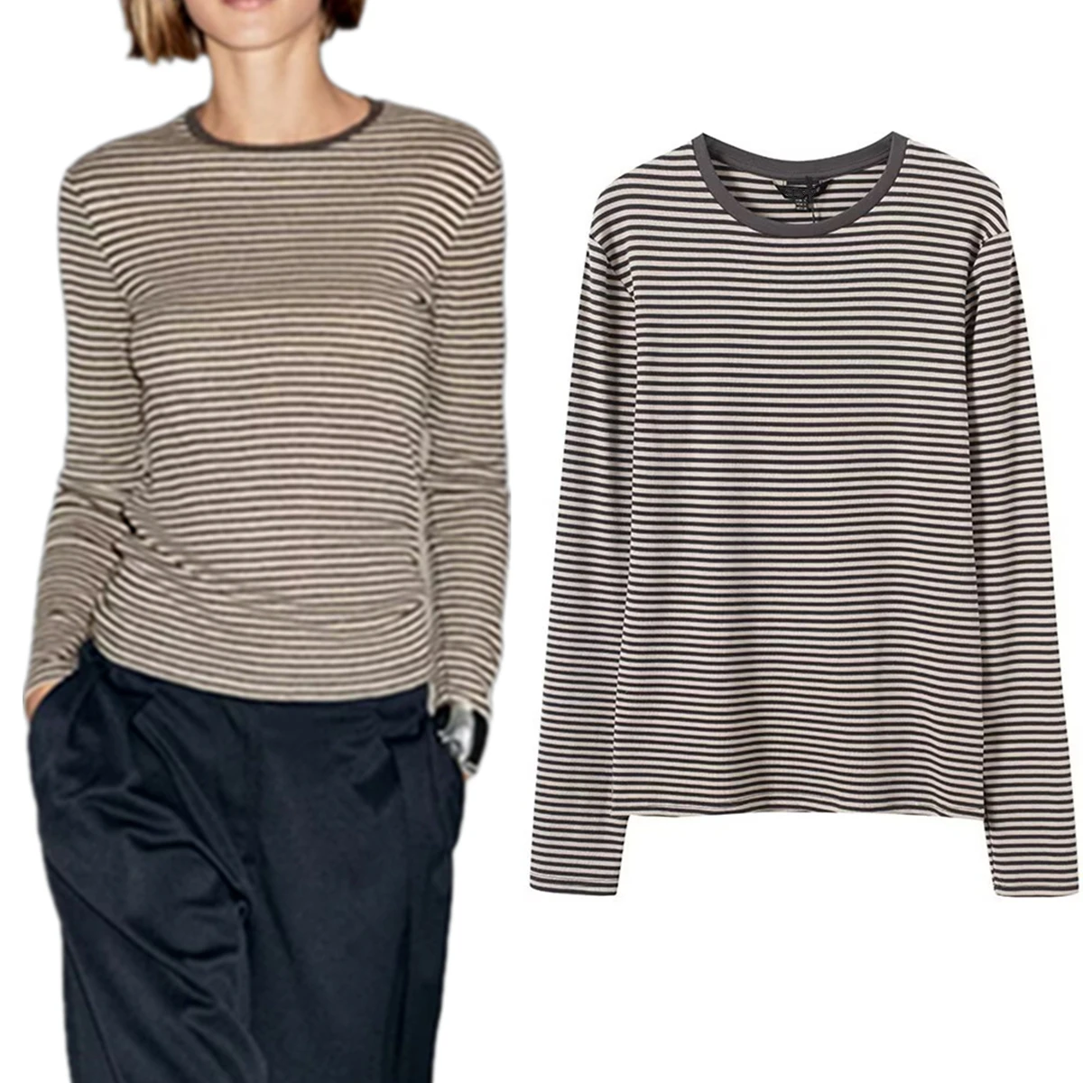 

Jenny & Dave минимально одежда, ленивая повседневная футболка с длинными рукавами и круглым вырезом, полосатая хлопковая футболка с длинными рукавами, женская