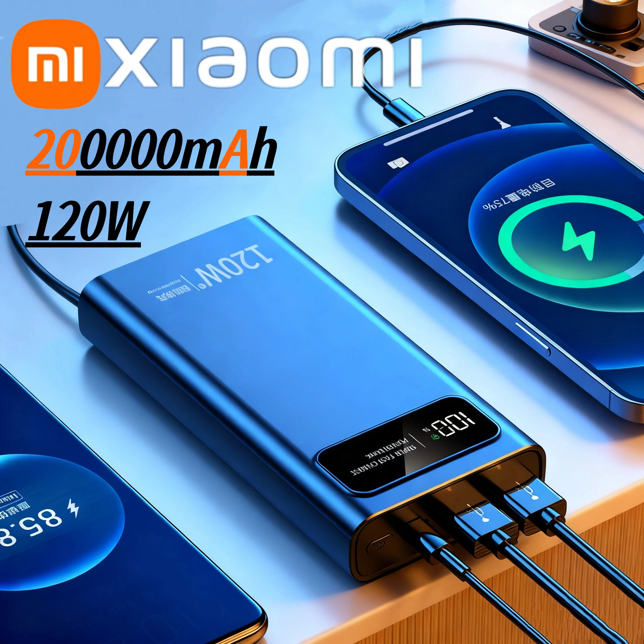 بنك الطاقة Xiaomi 120W شحن سريع للغاية 200000 بطارية خارجية محمولة ذات سعة كبيرة mAh للطاقة المتنقلة لهاتف آيفون الجديد