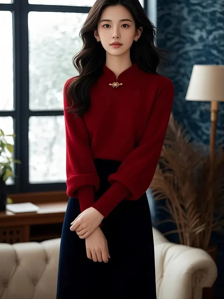 Czerwony Długi Sweter Dzianinowy Nowy Chiński Styl Uliczny Premium Jakość Okrągły Dekolt Bez Zapięcia Wysokiej Klasy Jesienno-Zimowy Top