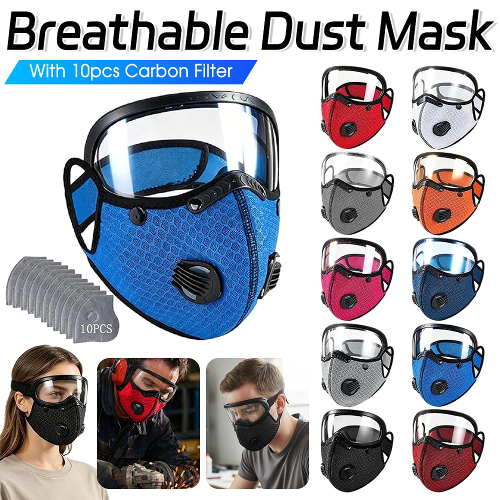 Cycling Facemask Breathable Dust Mask With Adjustable Goggles & 10PCS Carbon Filter For Outdoor Sport Commuting Dust Protection