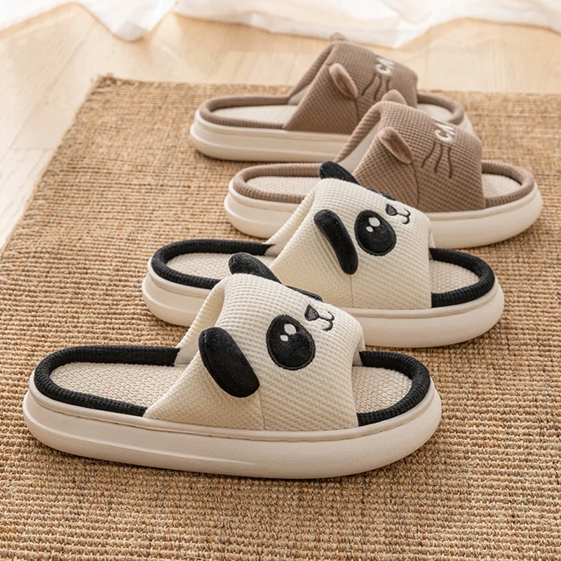 Women Cow Linen Home Slippers Men Four Seasons Indoor Flip Flops Female Cute Living Room Shoes Comfortable Cartoon Panda Slides