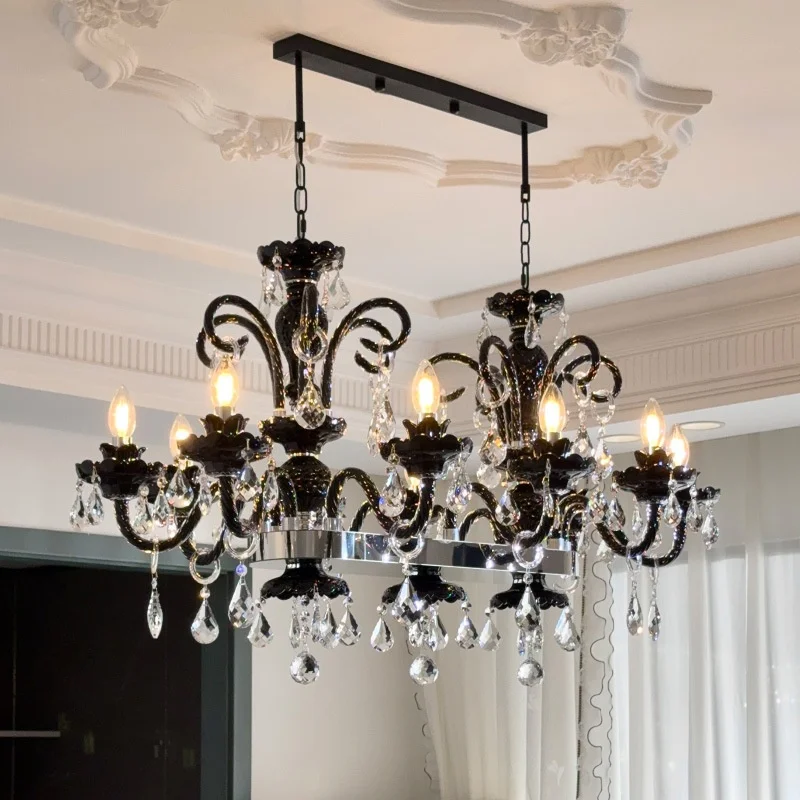 Luxury French Black Glass Chandelier Living Room Lustre Candle E14 Pendant Light Home Decor Crystal Led Luminarias Indoor Light