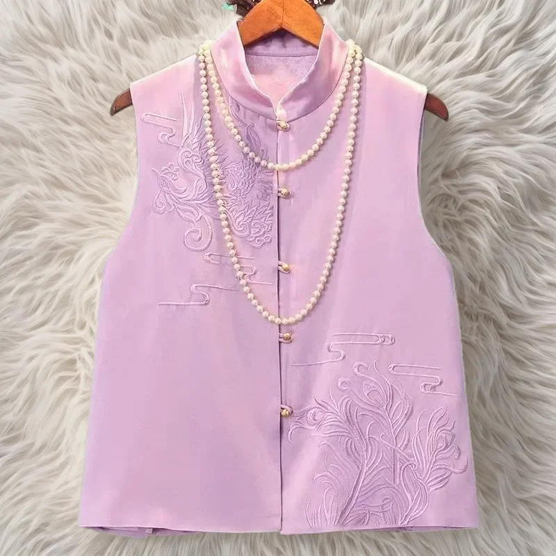 

Purple Phoenix Embroidery Vest female Autumn New Fashion Chinese Style Stand Collar Beaded Buckle Vintage Female Waistcoat T1087