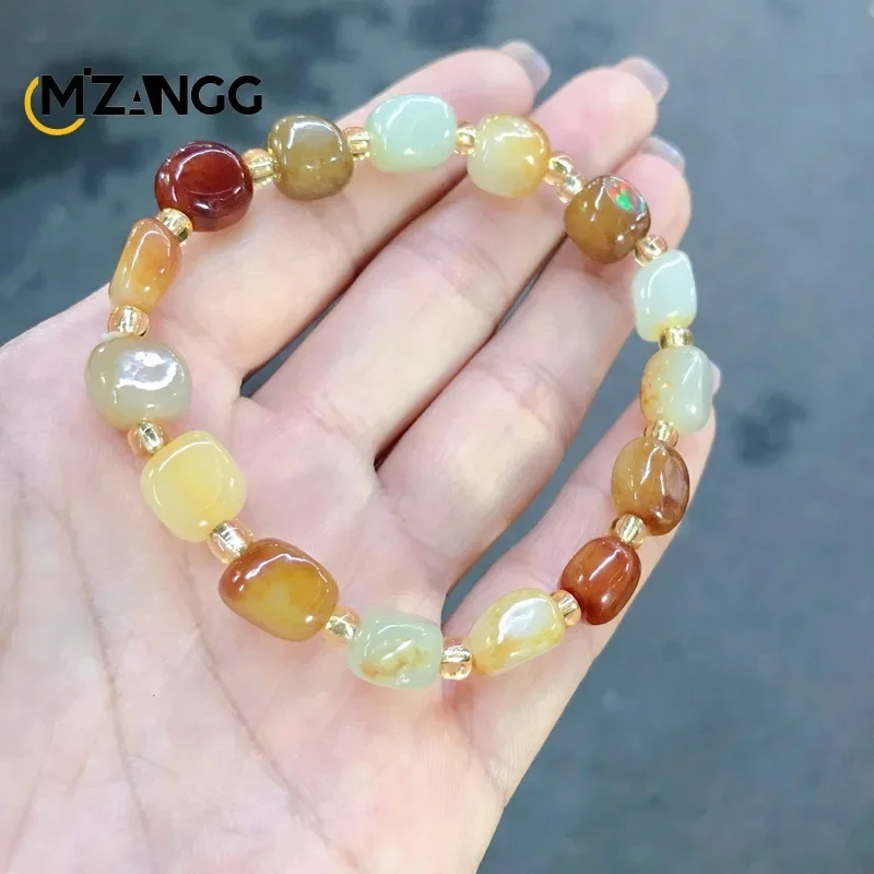 Natural Hetian Jade Original Stone Bracelet Men and Women Sprinkle Gold Leather Beads Exquisite Fashion Jewelry Holiday Gifts