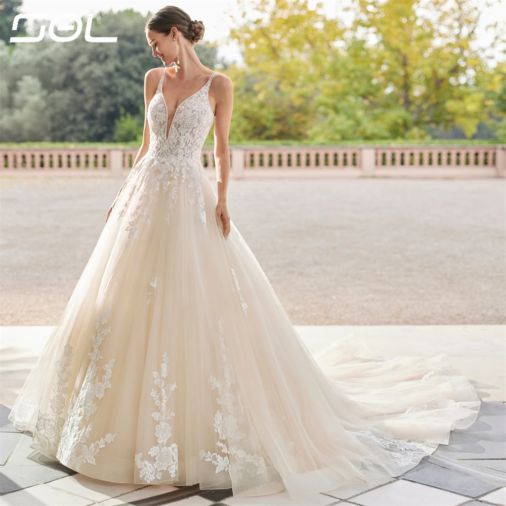 SOL-Robes de mariée en tulle à col en V profond, appliques en dentelle, bretelles spaghetti, élégantes, dos nu, A-ligne, patients, quoi que ce soit, éducatif