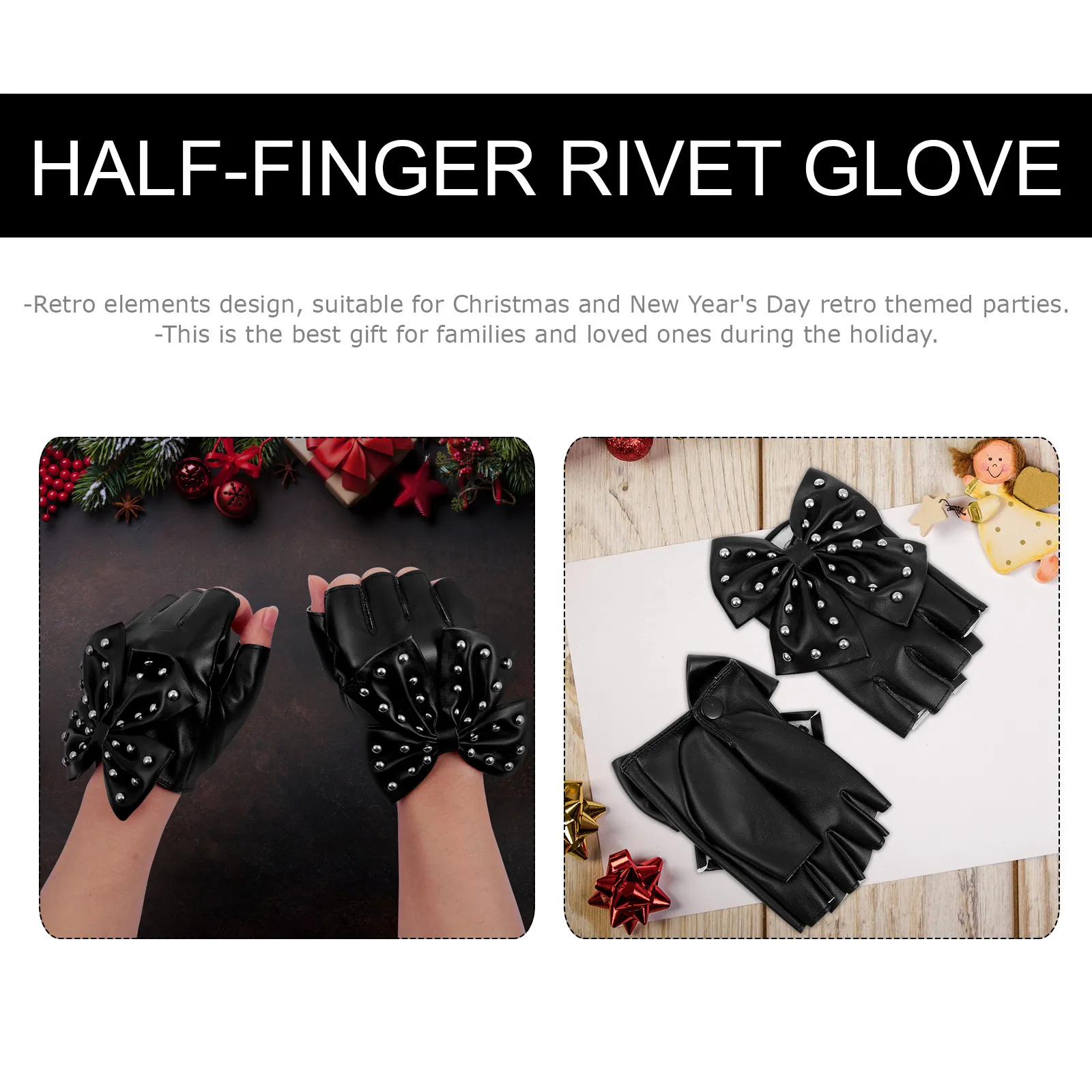 

1Pair Lady Half-Finger Glove Fashion Rivet Bow-Knot Detail Comfortable Wear Unique Retro Look Holiday Party Performance Gift