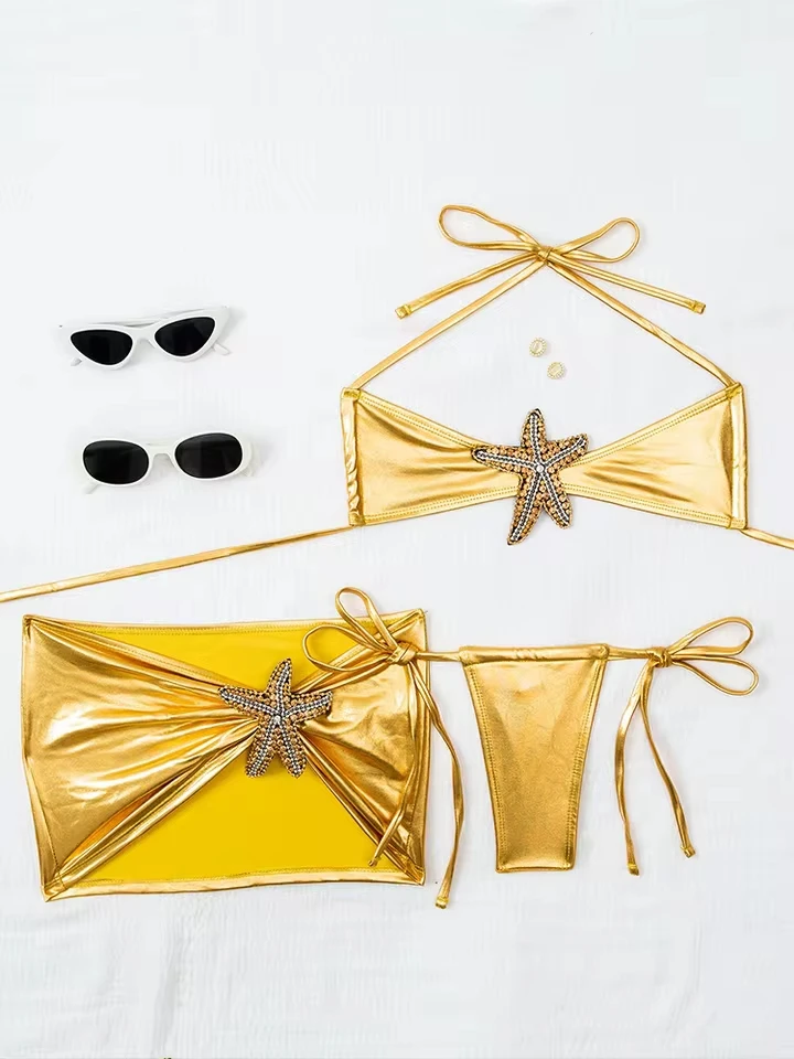 

Vzvn 2026 All Season Bikinis Skirt 3 Piece Set Sexy Lace Up Starfish Decoration Bikinis for Women Split Swimsuit Beach Bikini