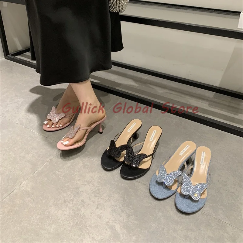 2024 New Arrival Women Slides Round Toe Butterfly Decoration Rhinestone Concise Grace Slippers Summer Dress Elegant Cheap Cosy