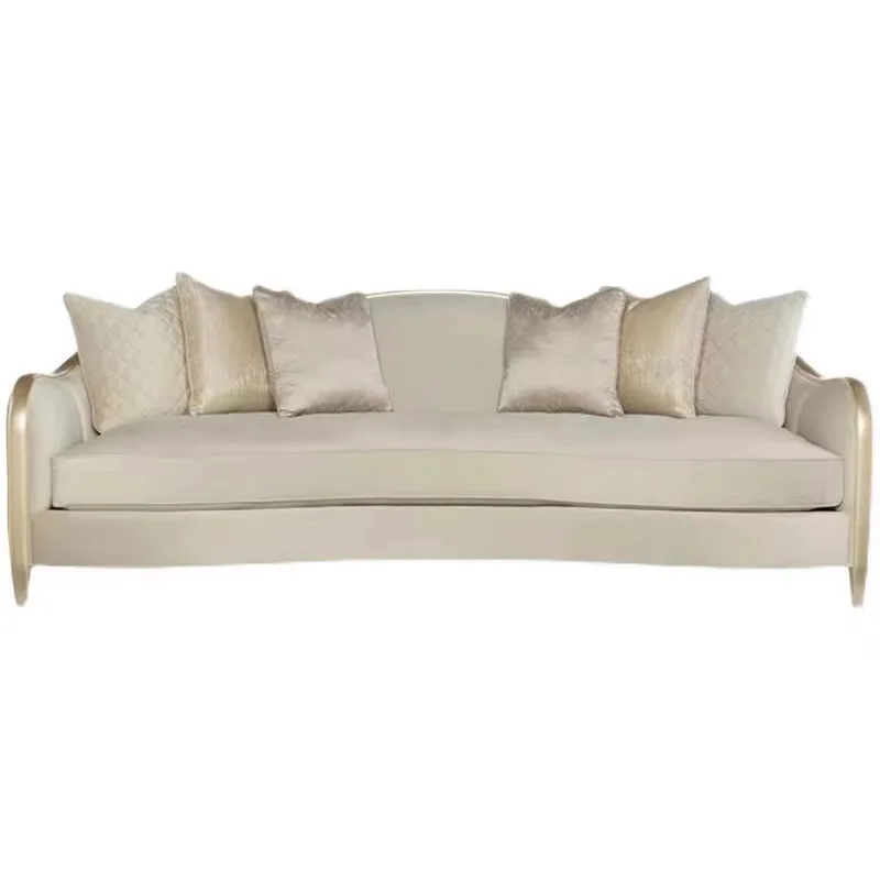 

Solid wood carving flower champagne gold fabric three-person sofa American villa living room furniture