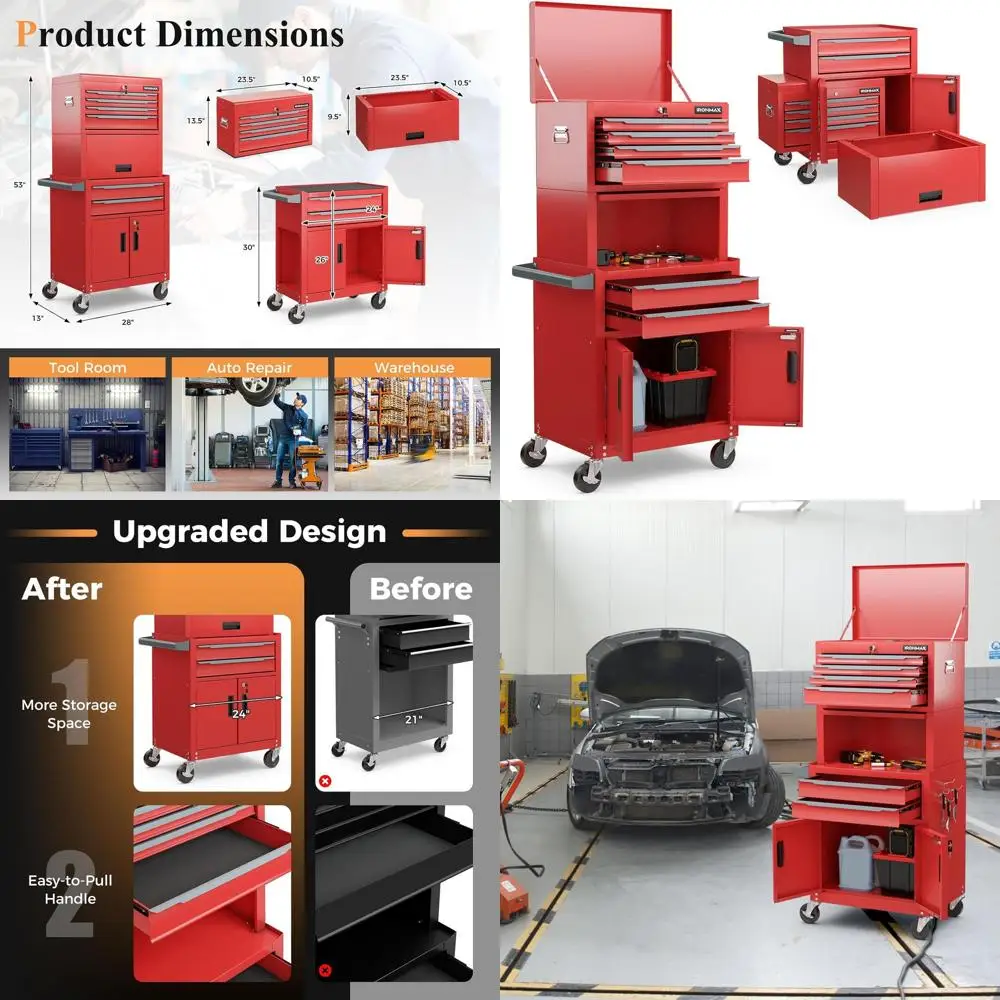 

Сверхмощный стальной ящик для инструментов двойного назначения с 6 ящиками и запирающейся крышкой и 4 колесами, портативное хранилище для мастерских и ремонтов.
