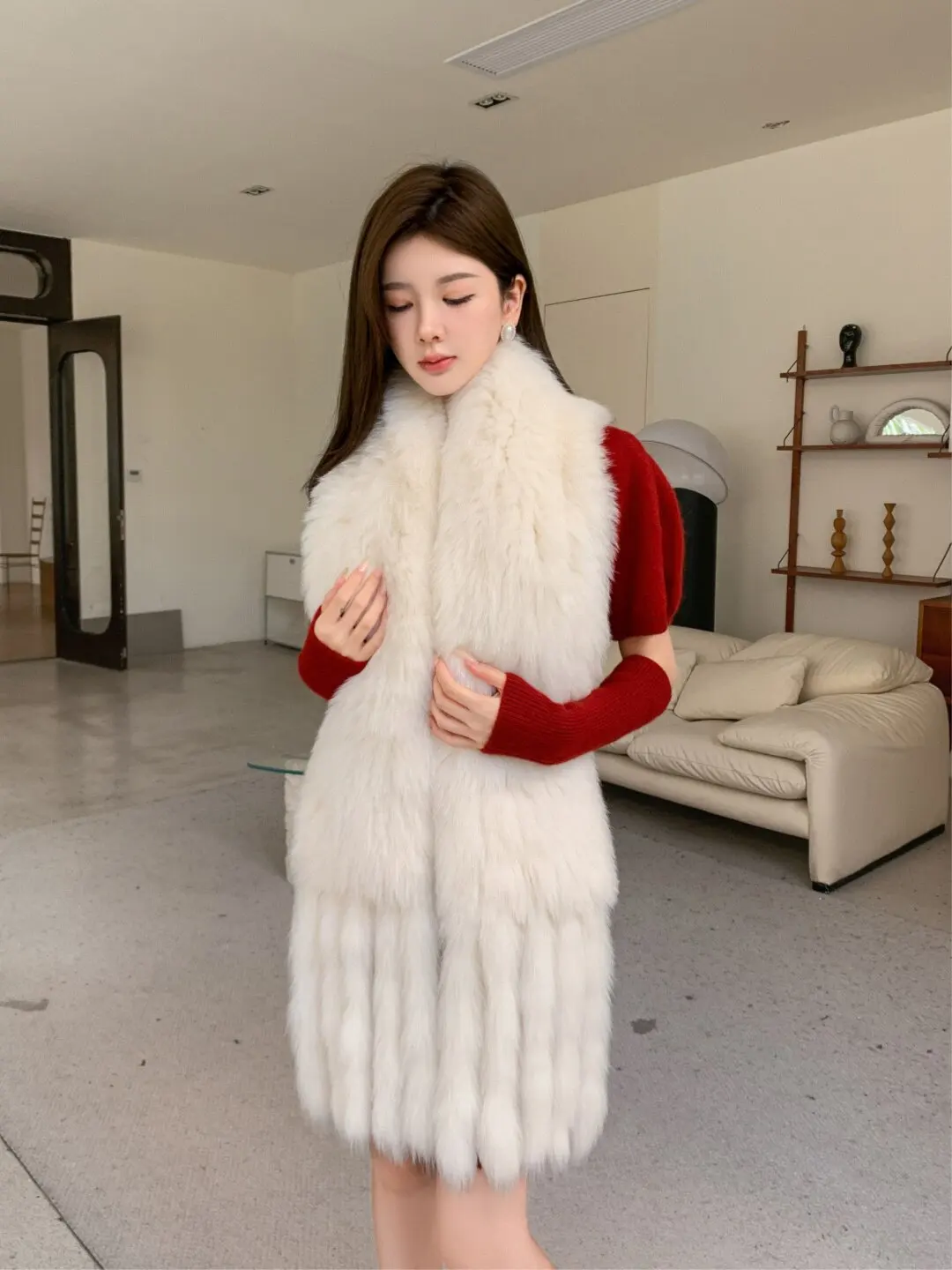 Korean version cream fox hair fringed shawl big scarf real hair warm nine-tailed fox fur big fur collar vest