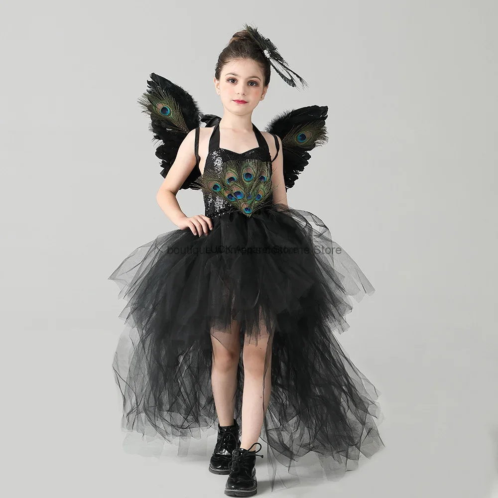 Children's Formal Dress Halloween Cosplay Children's Gauze Puffy Skirt Peacock Style Performance Dress Black Sequin Tail Skirt