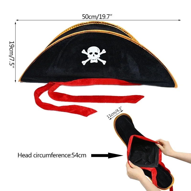 Chapeau de Pirate noir et rouge, accesorios de disfraz de capitaine de pirata, casquette de crâne imprimé