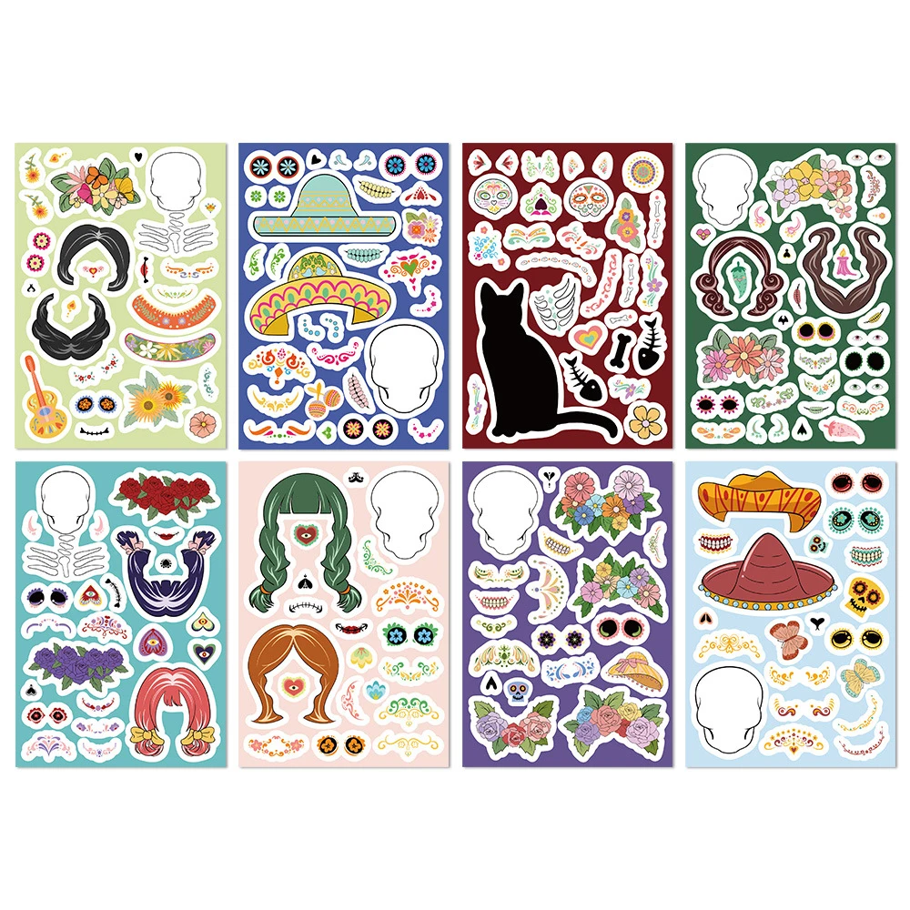 

8/16sheets Cartoon Mexican Day of The Dead Puzzle Stickers Creative Skull Make a Face DIY Assemble Jigsaw Decals Kids Toy Gifts