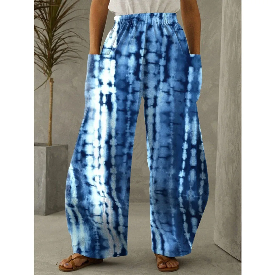 New Ladies Casual Blue Pattern Double Pocket Thin Casual Elastic Pants, Loose And Stylish Style, Summer Hot Pants