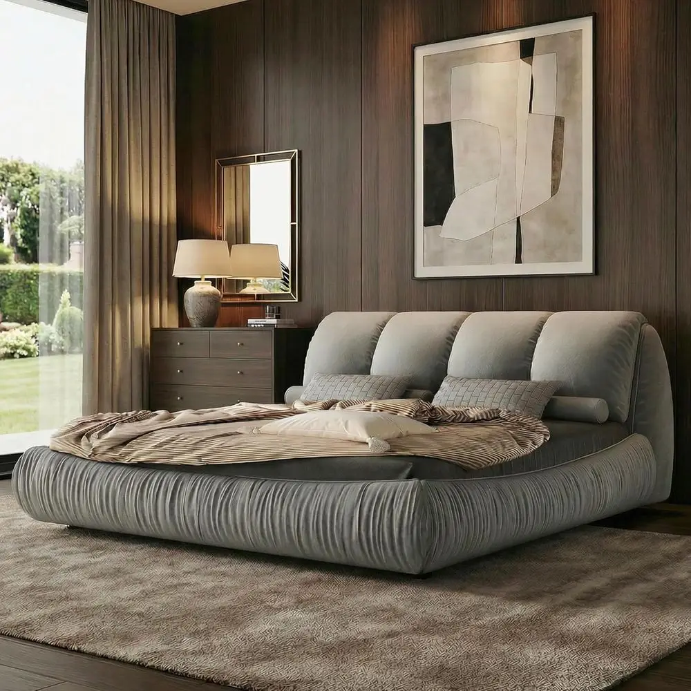 

Luxurious Grey Upholstered Platform Bed with Oversized Padded Board, 20 Wood Slats, Supports 1000 lbs, No Box Spring Needed