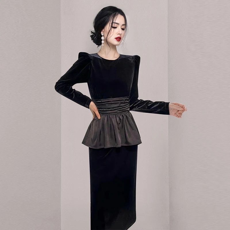 Elegant Women\'s Velvet Party Dresss High Quality Autumn Winter O Neck Puff Sleeve Ladies Office Ruffles Bodycon Long Vestidos