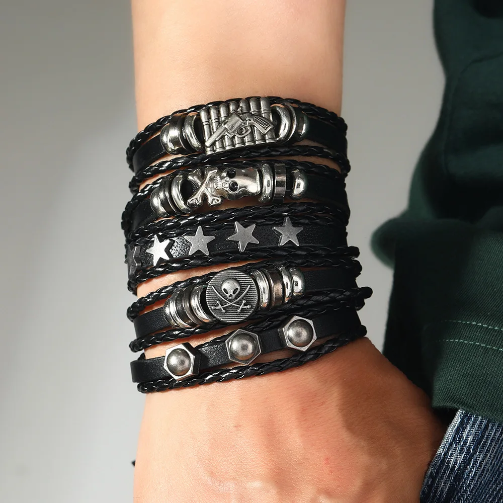 Fashion Viking Punk Bracelet For Men Hand Bracelets Multi-Layer Woven Skull Head Star Accessories Jewelry Leather Set Gifts