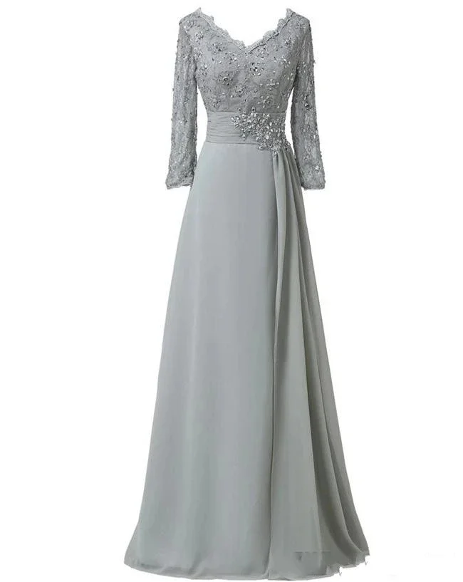 

Sliver Lace Mother Of The Bride Groom Dresses Long Sleeves V Neck Sequined Chiffon Formal Evening Party Gowns HOT