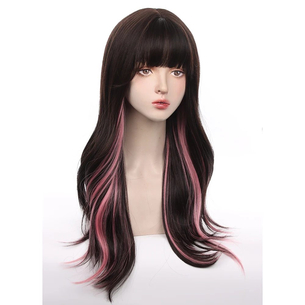 باروكة صناعية طويلة مموجة باللونين الأسود والوردي للنساء، تصميم مقاوم للحرارة، مثالية للحفلات التنكرية والارتداء اليومي