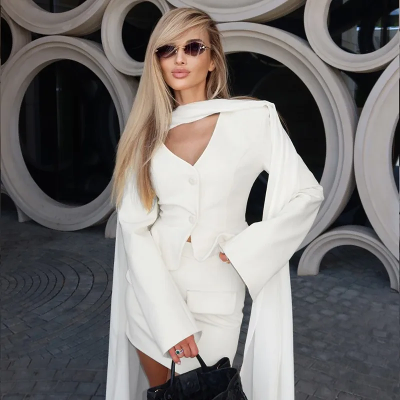 

Women Skirt 2 Piece Set Elegant Solid Scarf Ribbon Blazer Slim Mini Skirt Set Luxury Party High Street Women Dress Set