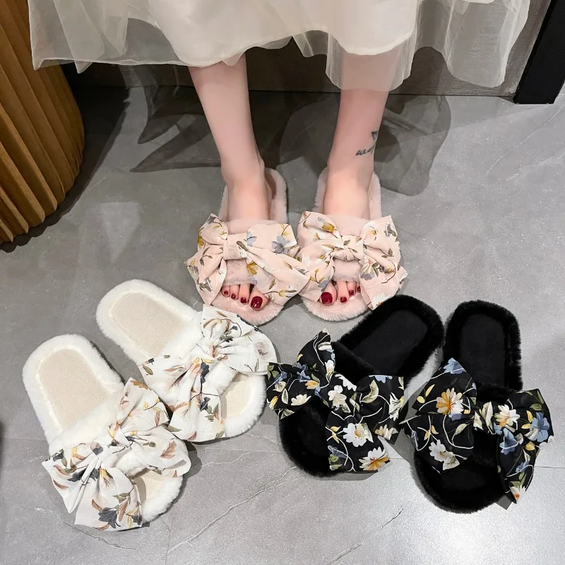 

2025 НОВЫЕ легкие и удобные плюшевые тапочки с узлом-бабочкой, женские модные уличные осенне-зимние резиновые тапочки