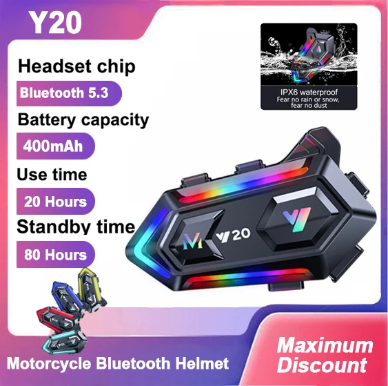 

Y20 Motorcycle Helmet Headset BT5.3 Wireless Earphone 400mAh Noise Reduction Waterproof Hands-Free Call Headphone with RGB Light