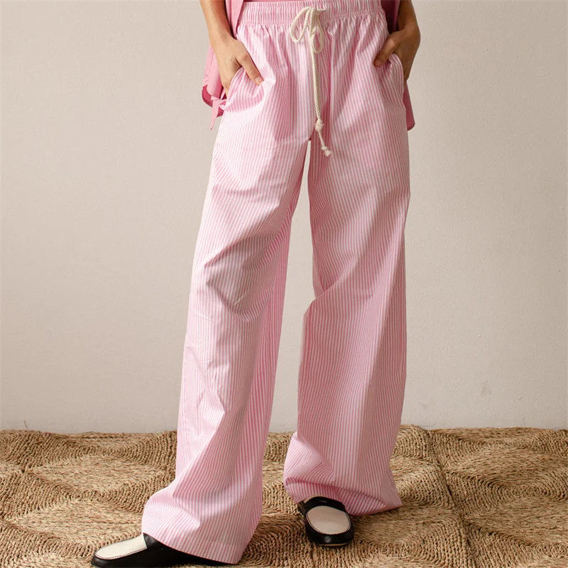 Women Y2K Vintage Striped Lounge Pants Pinstriped Wide Leg Pajama Pants Drawstring High Waist Loose Casual Trousers Streetwear