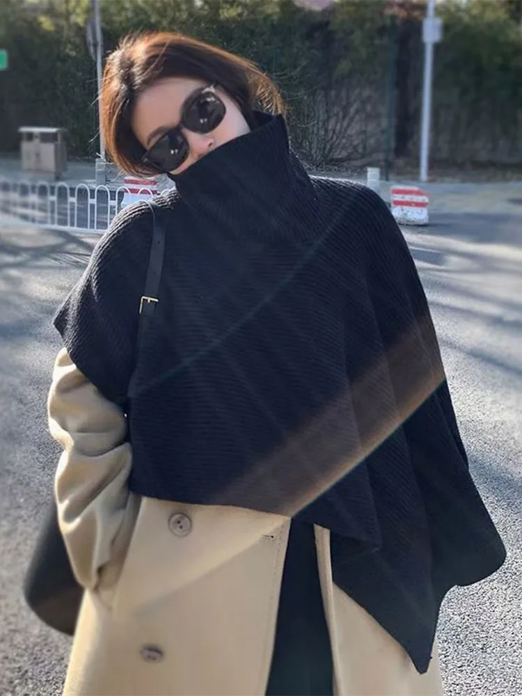 

Women 100% Wool Short Poncho Turtleneck Shawl Wraps Thick Ribs Knitted Accessories Cape Soft Wool Scarf Neck Warmer Cappa