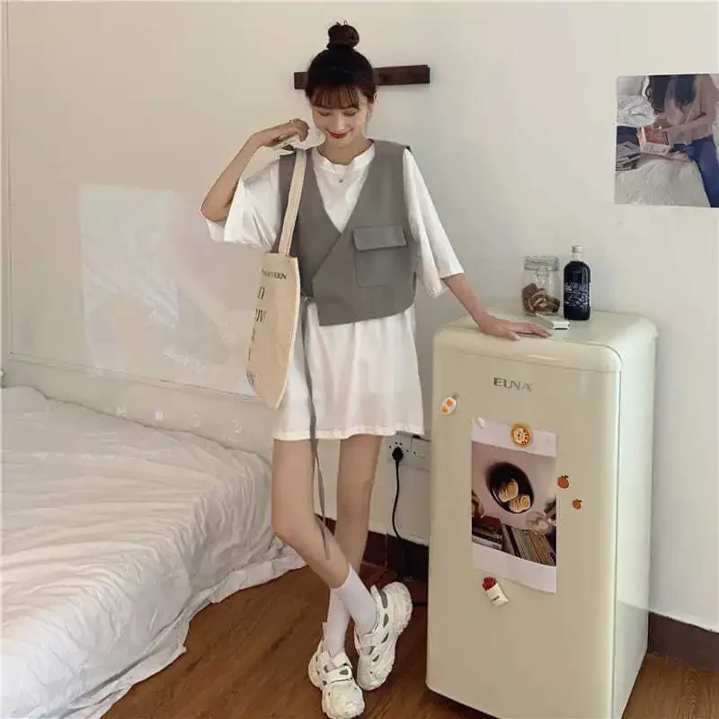 

Женские комплекты с карманами, очень летний новый дизайн, жилет нестандартной формы, однотонный комплект из двух предметов с круглым вырезом, универсальная уличная одежда для студентов колледжа, молодые леди