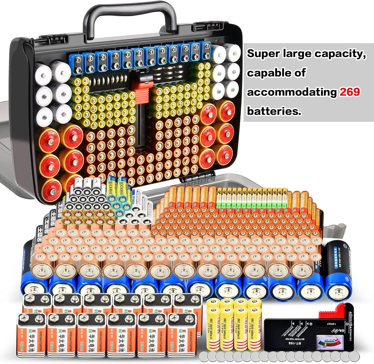 Battery Organizer Storage Holder Box Case with Tester- 269 Batteries Double-Sided Variety Pack, Holds AA AAA 4A C D Cell 9V 3V