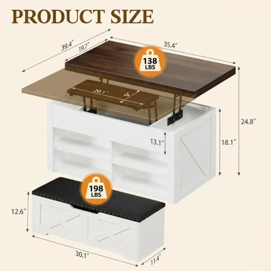 Lift Top Coffee Table with Storage Bench for living room, engineered wood in white, 4-in-1 convertible design with hidden stora