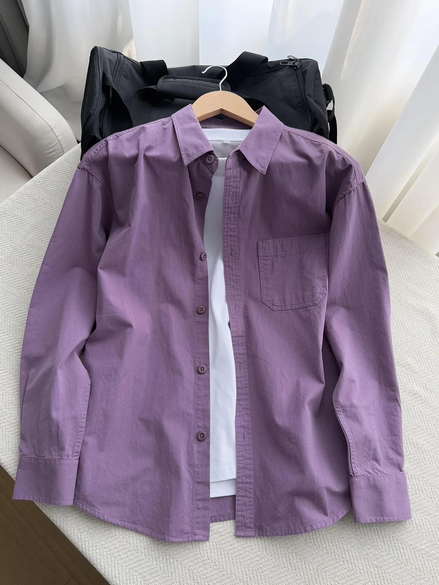 

Purple Plum Long Sleeve Men's Shirt Spring Atmosphere Wear Layered Sun Protection Outerwear Casual Loose Fit Button up