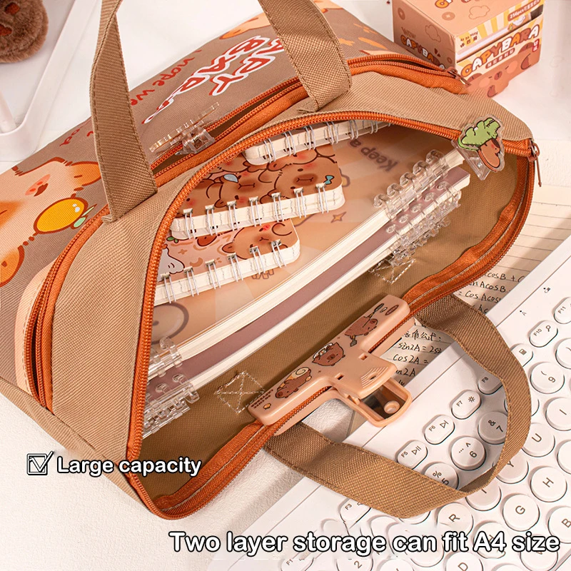 Student Handbag Cute Storage Bag Large Capacity Children Handbag Waterproof Cartoon Capybara Zipper Handbag Durable DocumentsBag