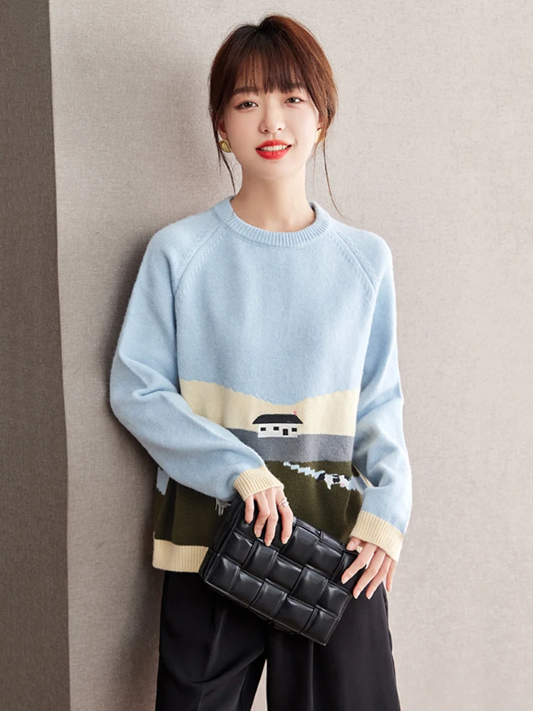 Autumn Winter Fashion Jacquard Pattern Pullover Sweater Casual Round Neck Contrast Color Pullover Knitted Tops