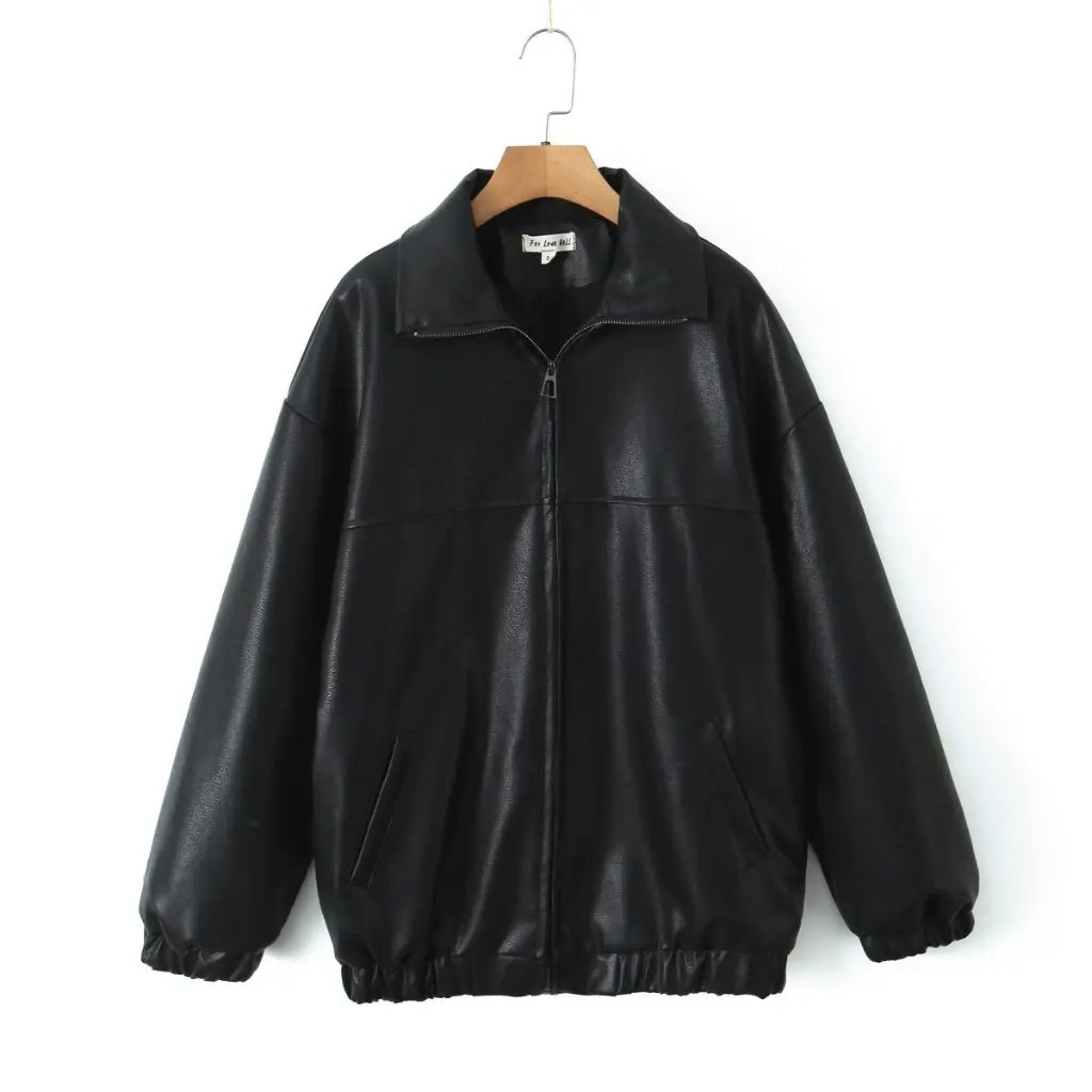 

Women's American Style Retro Black Profile Leather Jacket PU Leather Loose Boyfriend Style Autumn New