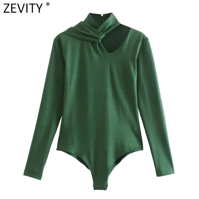 Zevity Women Sexy Candy Colors Hollow Out Design Knotted Bodysuits Office Ladies Casual Slim Siamese Chic Zipper Romper LS97981