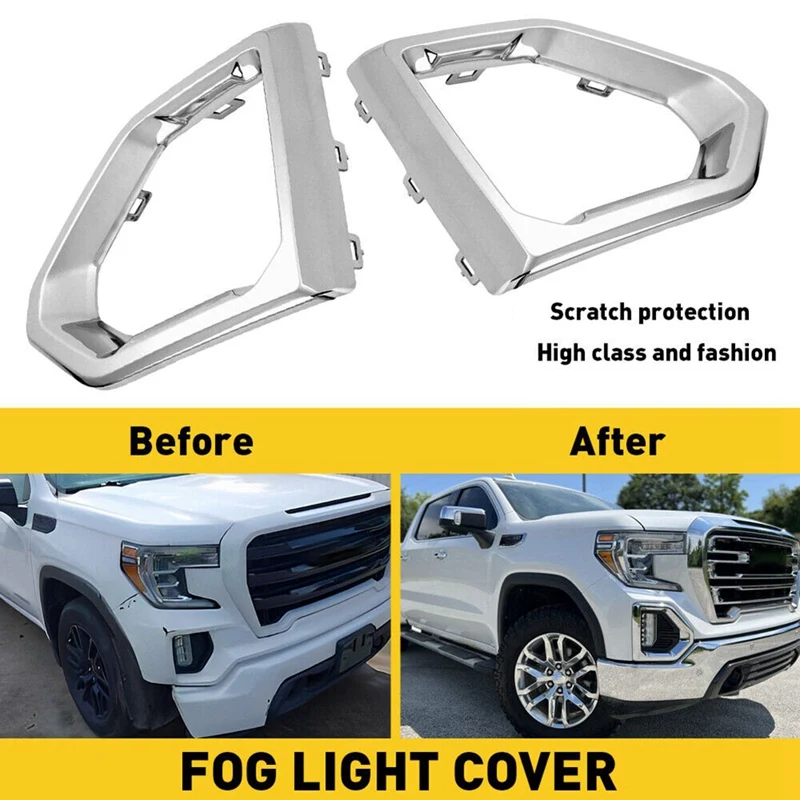 For GMC Sierra 2019-2021 Denali SLT Front Fog Light Outer Bezel Cover Chrome Set Replacement