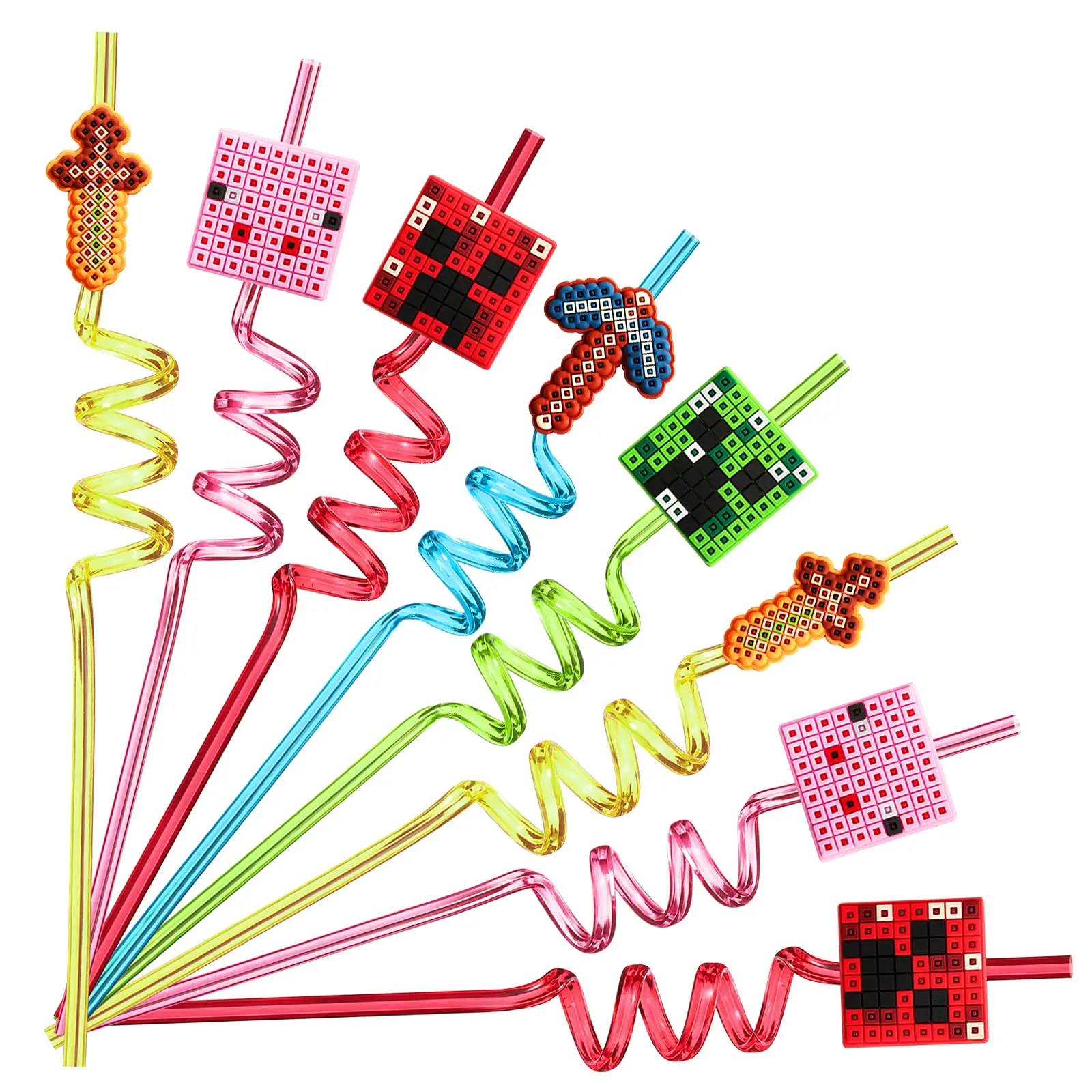 6/12pcs Pack World Pixel Straw Reusable Miner Spiral Drinking Straws Children Kids Birthday Party Decorations Juice Straws