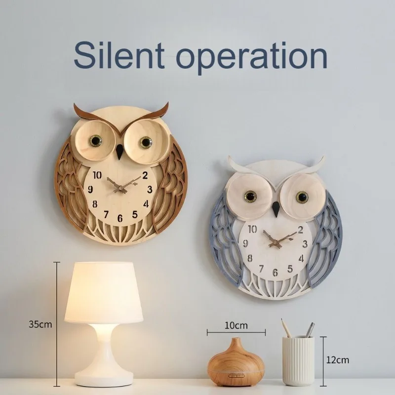Solid Wood Owl Wall Clock Silent Quartz Wall Clocks Cute Animal Shape Desktop Clock Kids Bedroom Living Room Home Decor Gift