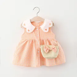 Baby Girl Plaid Dress Summer New Sweet And Beautiful Children'S Clothing+Bow Bag (9 Months -3 Years Old)