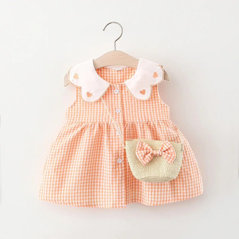 Baby Girl Plaid Dress Summer New Sweet And Beautiful Children'S Clothing+Bow Bag (9 Months -3 Years Old)