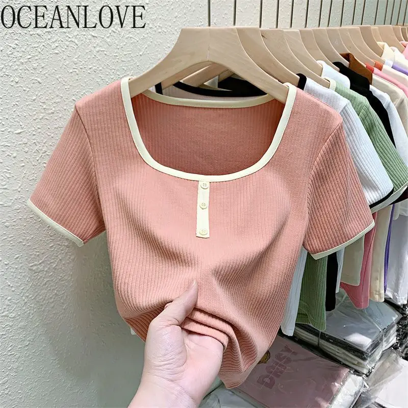 

OCEANLOVE контрастная цветная футболка для женщин на пуговицах весна лето милые Ropa De Mujer корейская мода шикарные короткие футболки