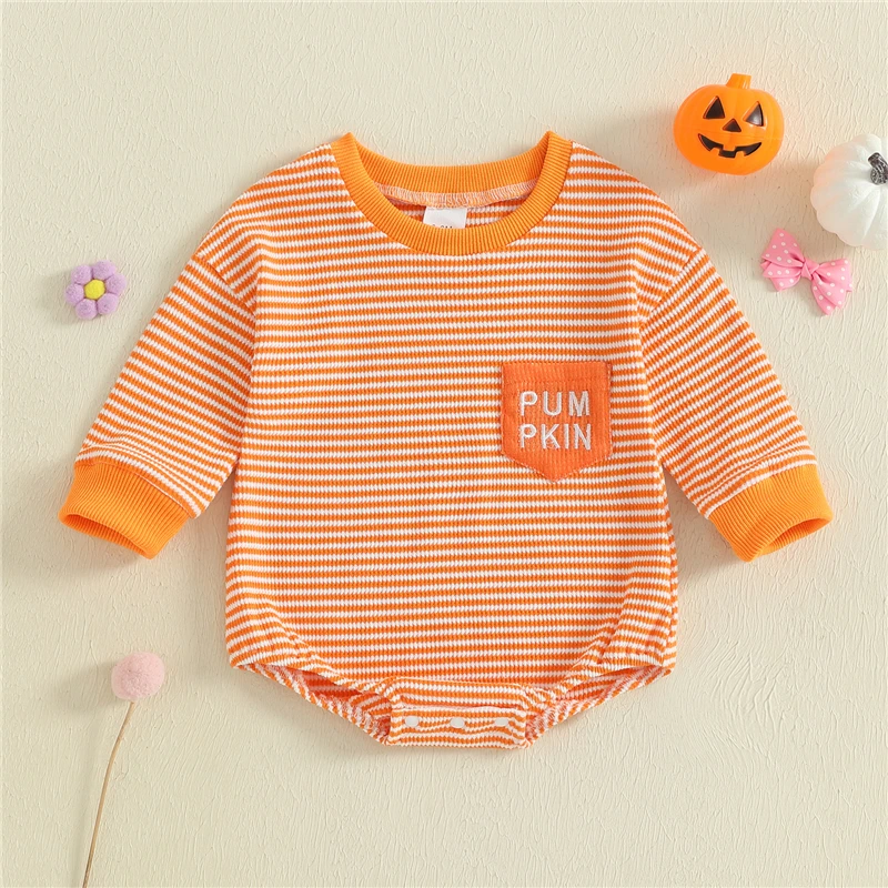 Autumn Fashion Newborn Infant Baby Girl Striped Print Jumpsuit Halloween Long Sleeve Round Neck Romper with One Pocket