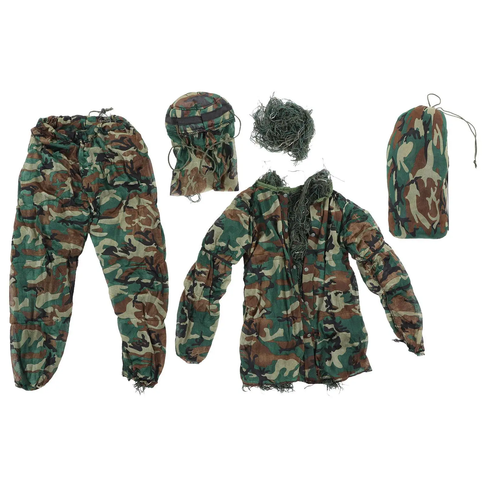 

5-in-1 Green Camo Ghillie Suit for kids & Teens -, Pants, Hood, Carry Bag & Camo Tapes, Heights 4.3-4.9ft