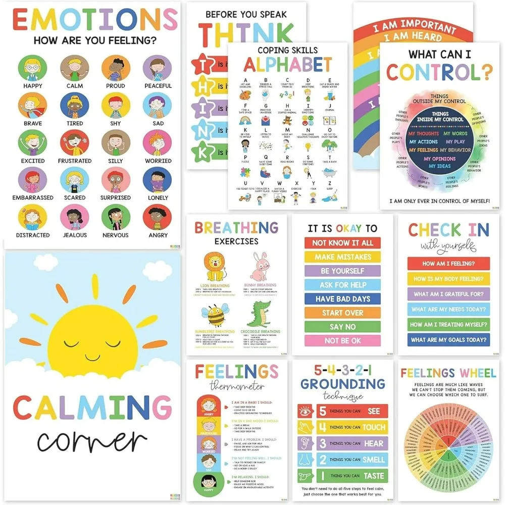 12PCS Calming Corner Posters - Feelings Wheel Chart & Emotions Poster For Kids, Mental Health Classroom Wall Decorations
