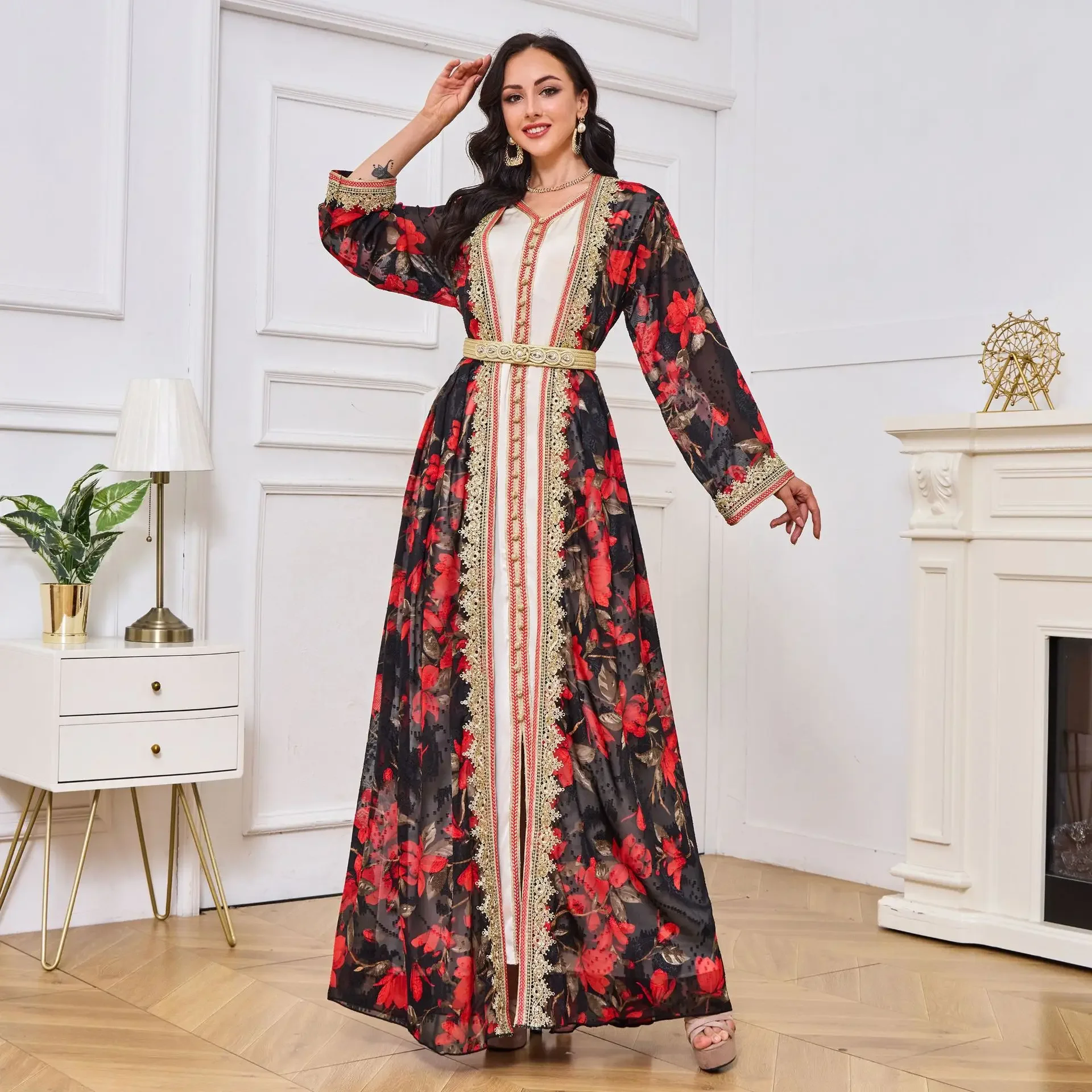 Printed Muslim Cardigan Two-piece Robe Muslim Set Dress Abayas Women Autumn Elegant Party Arab Morocco Dubai Turkey Islam Kaftan