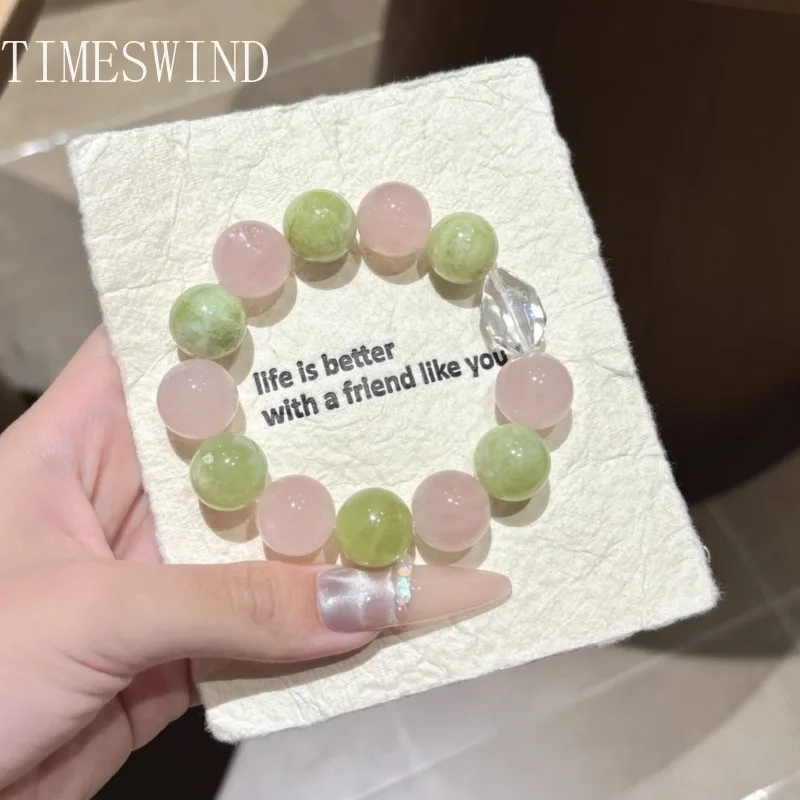 TIMESWIND Natürliche Original Rosa Kristall Grün Stein Runde Perlen Segnen Frauen Armband Modeschmuck mit Zertifikat
