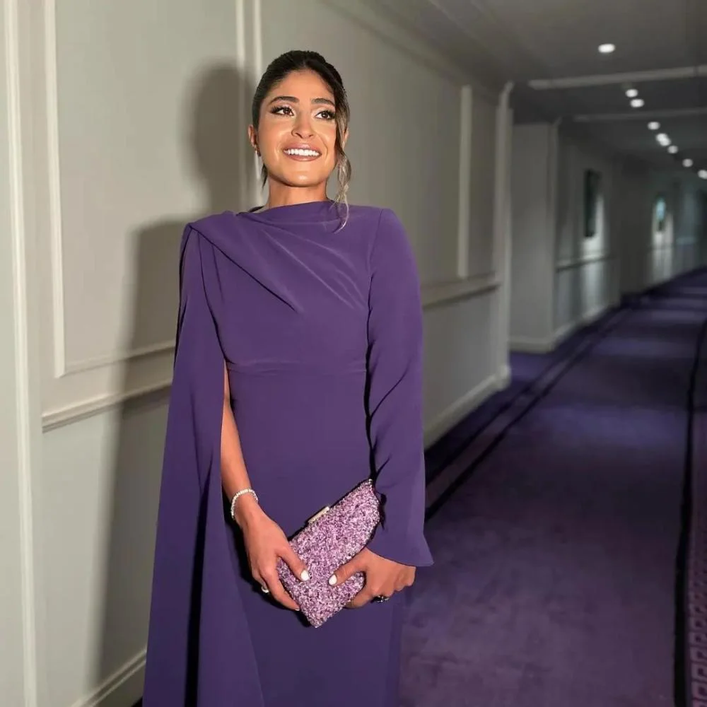 

Purple Evening Dresses Customized O Neck Long Sleeves Pleated Jersey Evening Gowns Floor Length Straight Women Prom Dress 2025