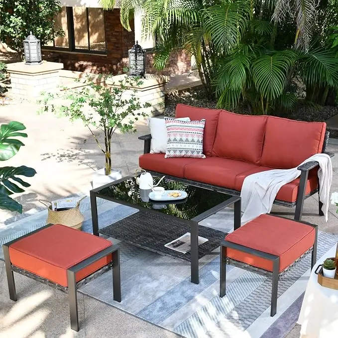 Patio Sofa with Ottomans, Outdoor Wicker Rattan Couch with Comfy Cushions All Weather High Back Sofas  for Outside